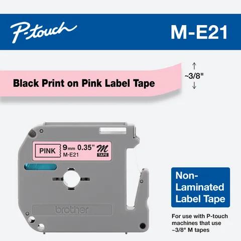 Brother P-touch M-E21 non-laminated label tape cartridge with black print on pink background