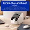 Brother QL-800 label printer on desk with printed address labels and bundle offer banner