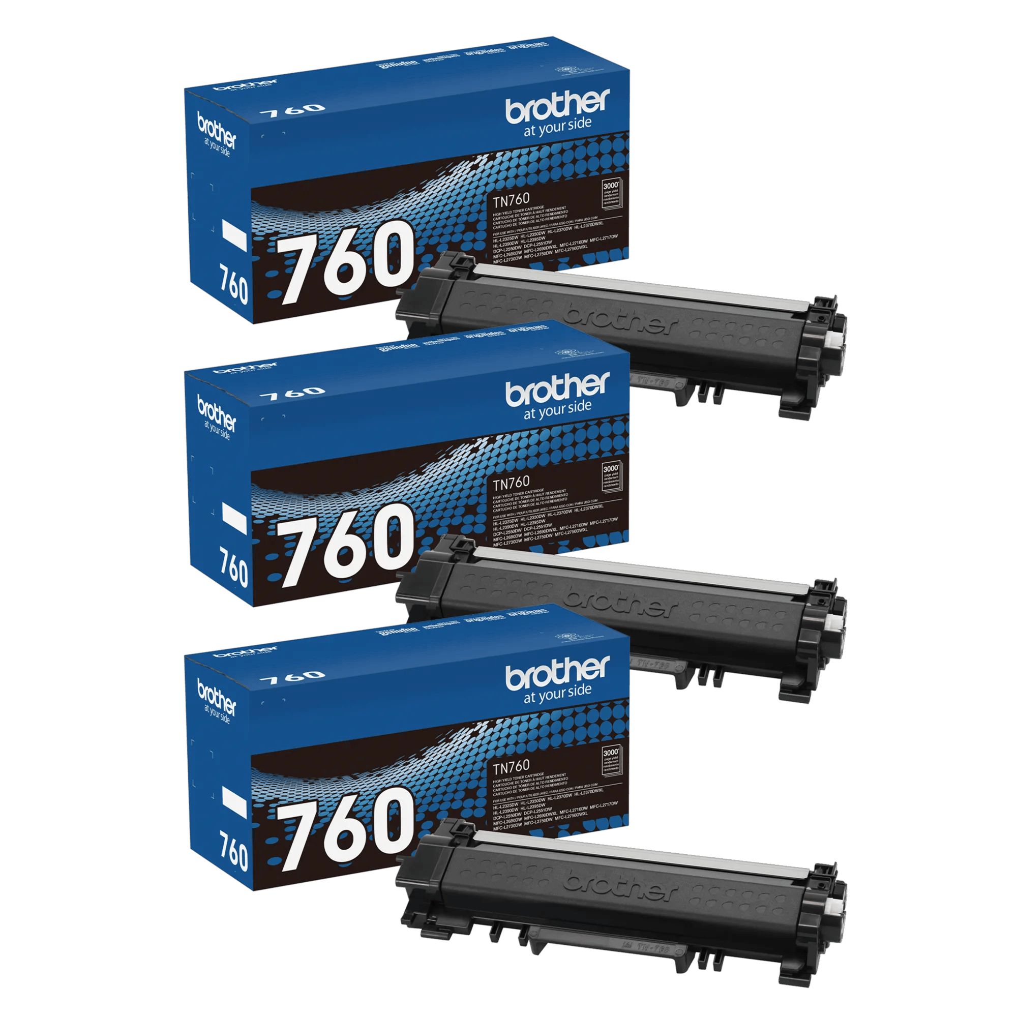 Brother TN760 high-yield black toner cartridge 3-pack with packaging