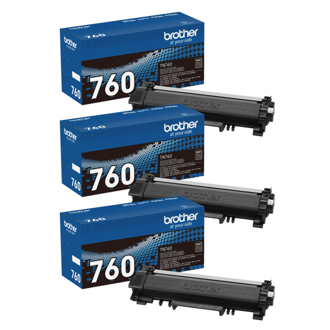 Brother TN760 high-yield black toner cartridge 3-pack with packaging