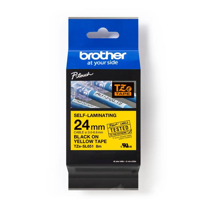 Brother TZe-SL651 24mm self-laminating label tape, black on yellow, for cable labeling
