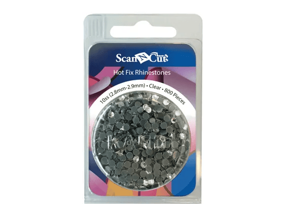 Brother ScanNCut hot fix rhinestones in clear, 10ss size, packaged in circular container