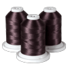 Three spools of dark brown embroidery thread on white bases