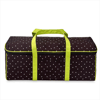 Black carrying case with white triangle pattern and lime green handles and trim