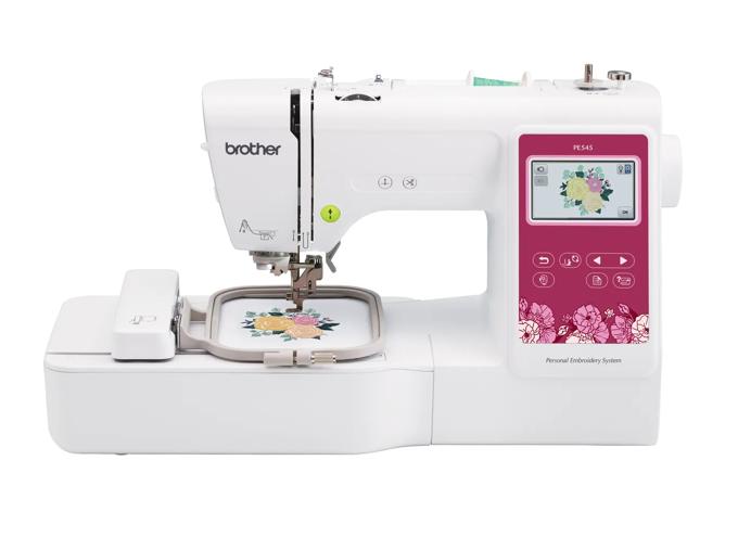 Brother PE545 embroidery machine with touchscreen and floral design in hoop