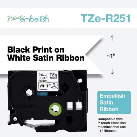 Brother TZe-R251 black on white satin ribbon cartridge for P-touch embellish machines