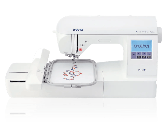 Brother PE-700 embroidery machine with touchscreen and floral design in hoop