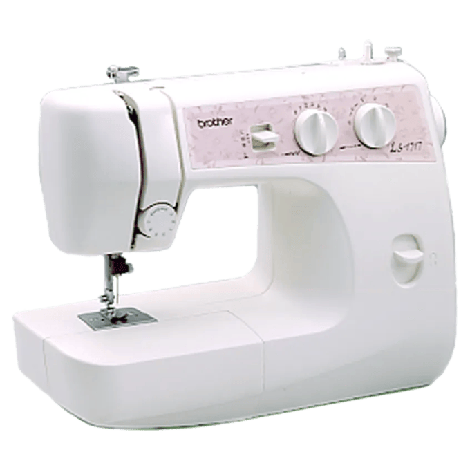 Brother LS1717 sewing machine with pink floral panel and dual control dials