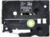 Brother 18mm TZe stencil tape cartridge with black plastic casing and label preview