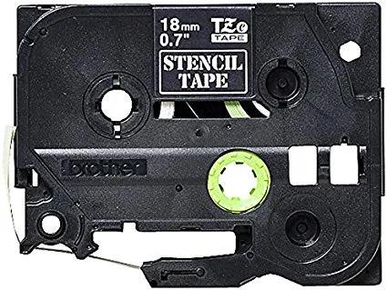 Brother 18mm TZe stencil tape cartridge with black plastic casing and label preview