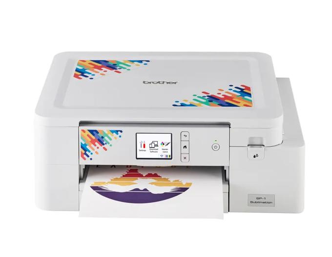 Brother SP-1 sublimation printer with colorful geometric design printing vibrant artwork