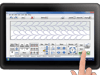 Hand using Brother quilting software on tablet displaying decorative stitch patterns