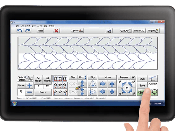 Hand using Brother quilting software on tablet displaying decorative stitch patterns