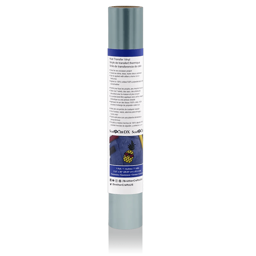 Brother ScanNCut DX heat transfer vinyl roll in light blue with product label