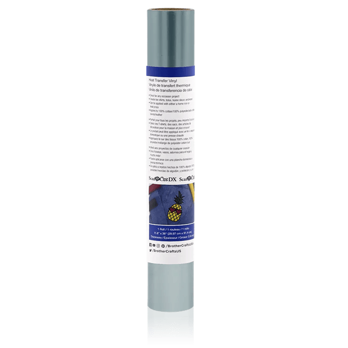 Brother ScanNCut DX heat transfer vinyl roll in light blue with product label