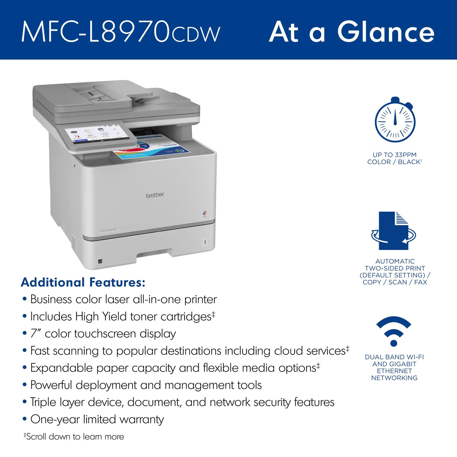 Brother MFC-L8970CDW color laser all-in-one printer with touchscreen and wireless connectivity