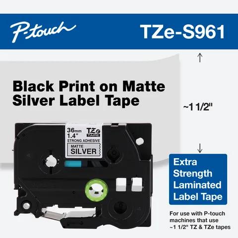 Cartucho de cinta Brother TZe-S961 con impresión negra sobre plata mate, laminado extra resistente
