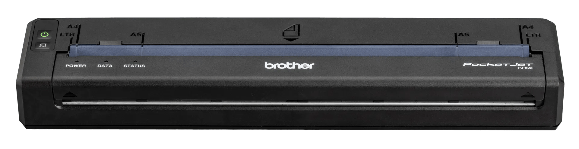Brother PocketJet PJ-822 portable thermal printer front view with paper tray