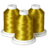 Three spools of gold embroidery thread on white bases