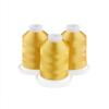 Three spools of golden yellow embroidery thread with white caps on white bases