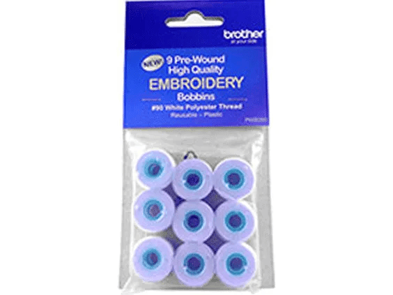 Brother pre-wound embroidery bobbins with white polyester thread, 9-pack