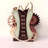 Steampunk-style corset gift bag with gears and brown ribbon handles