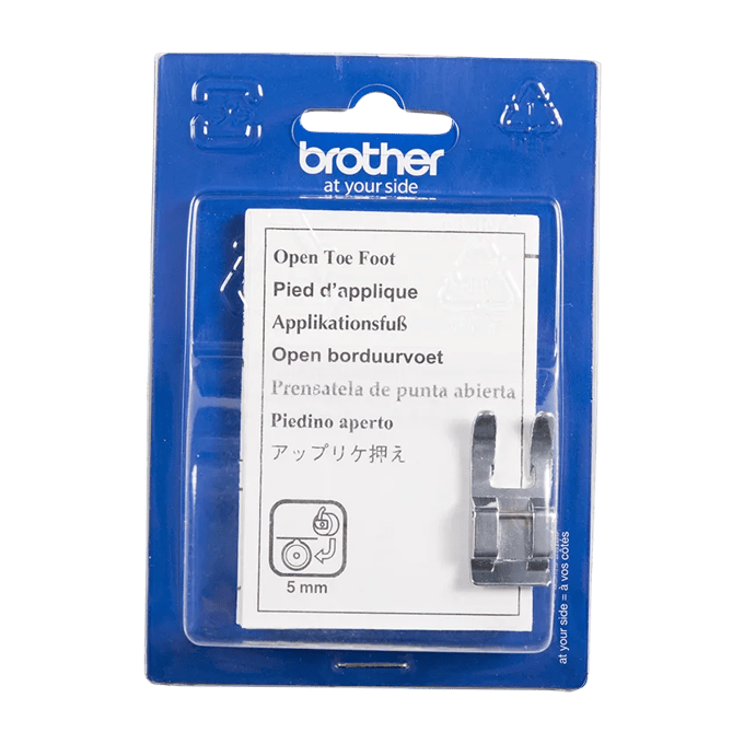 Brother open toe foot for sewing machines, 5mm presser foot accessory in retail packaging