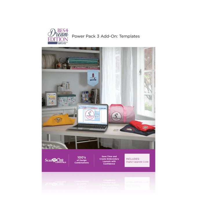 Brother BES4 Dream Edition embroidery software Power Pack 3 add-on templates displayed on laptop