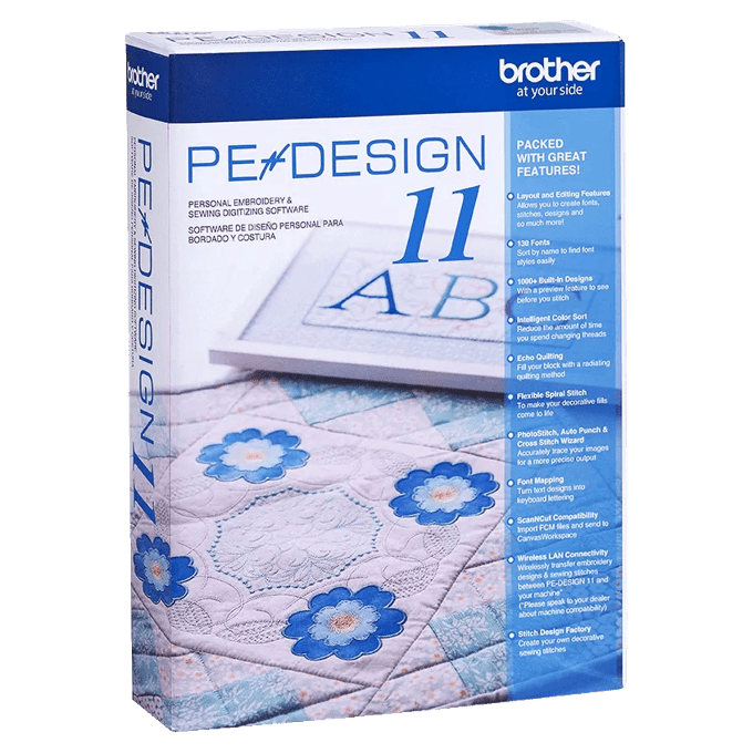 Brother PE-Design 11 embroidery software box with built-in designs and editing features