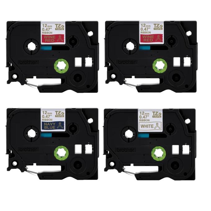 Brother TZe 12mm ribbon tape cartridges in wine red, navy blue, and white colors