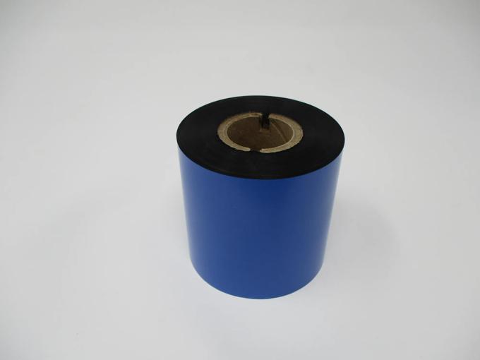 Brother blue thermal transfer ribbon roll with black ink coating on cardboard core