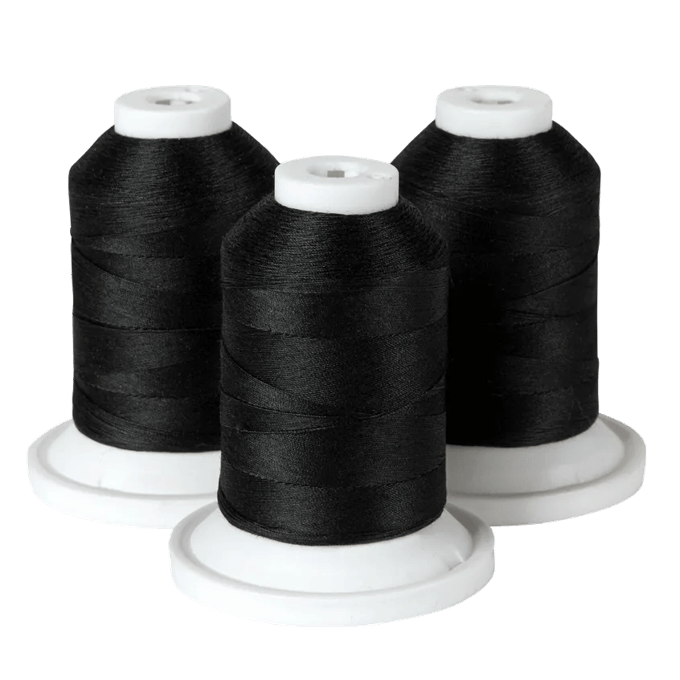 Three black embroidery thread spools on white bases for Brother sewing machines