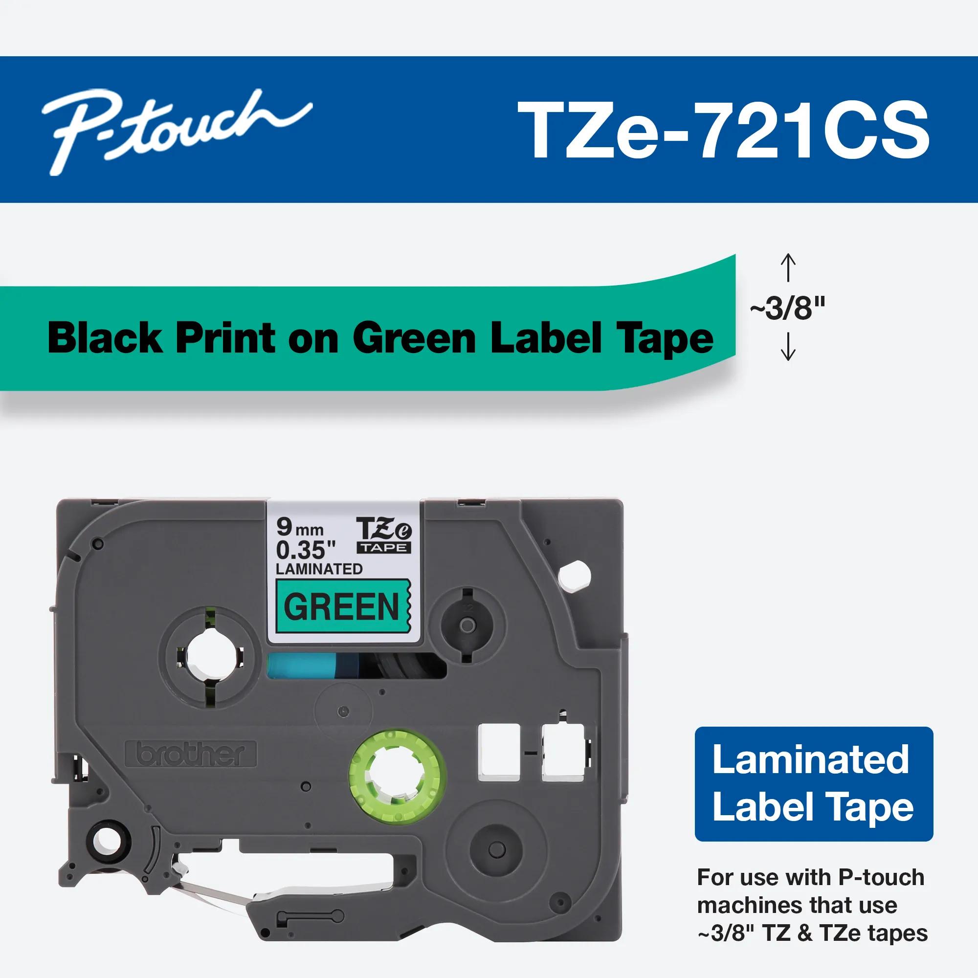 Brother TZe-721CS laminated label tape cartridge with black text on green background