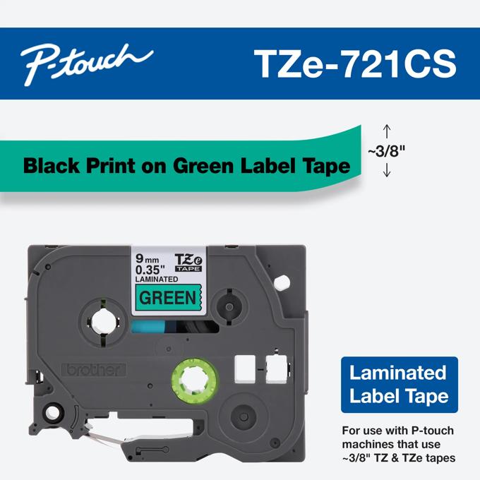 Brother TZe-721CS laminated label tape cartridge with black text on green background