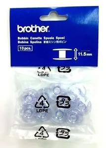 Brother SA156 bobbin canister spool pack with 10 clear plastic bobbins for sewing machines