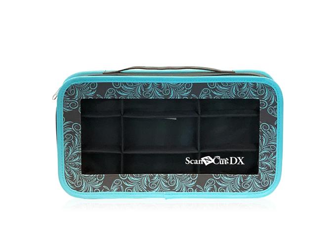 Brother ScanNCut DX carrying case in turquoise with decorative pattern and storage compartments