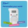 Brother P-touch N10 label maker with QWERTY keyboard displaying customizable label options