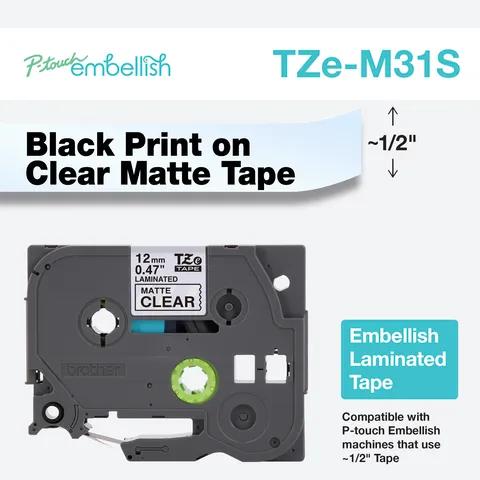 Brother TZe-M31S embellish laminated tape cartridge with black print on clear matte finish