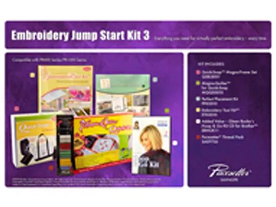 Brother embroidery jump start kit with software, design cards, and instructional materials