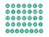 Teal circular alphabet and number charms with white letters A-Z and digits 0-9