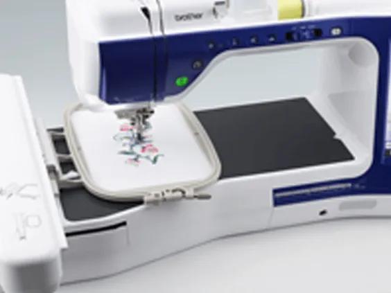 Brother embroidery machine with large hoop and blue control panel