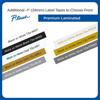 Brother premium laminated label tapes in various colors including black, white, gold, and silver