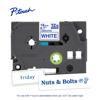 Brother P-touch TZe laminated label tape cartridge with blue on white print and sample labels