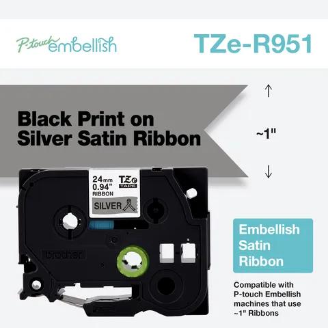 Brother TZe-R951 black on silver satin ribbon cartridge for P-touch embellish machines