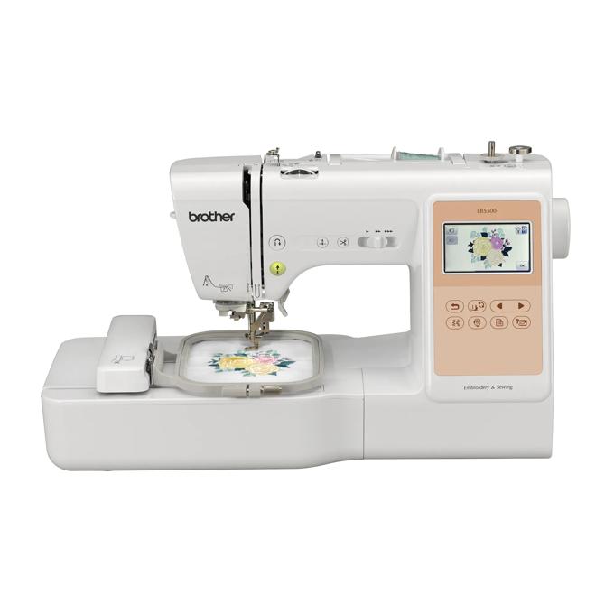 Brother LB5500 embroidery and sewing machine with touchscreen and floral design in hoop