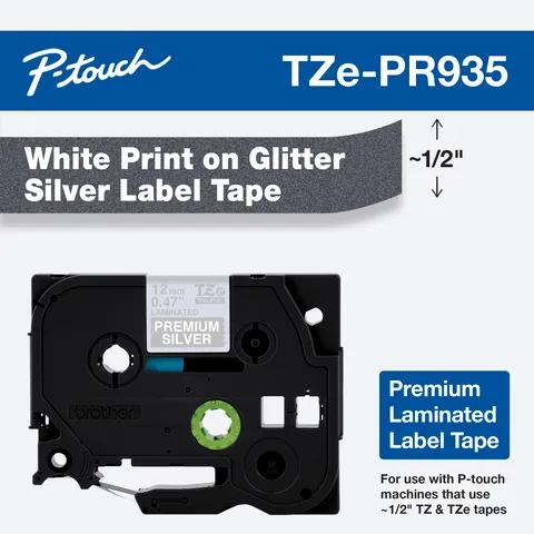 Brother TZe-PR935 premium laminated label tape with white print on glitter silver, 1/2-inch width
