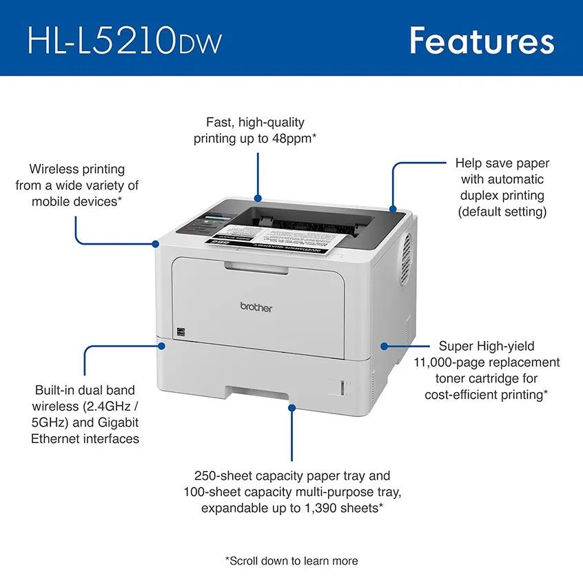 Brother HL-L5210DW Business Wireless Monochrome Laser Printer with Duplex Printing, , large