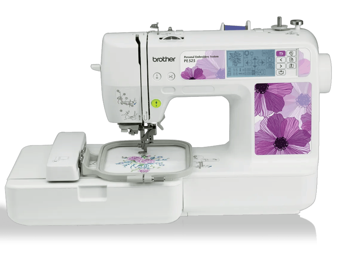 Brother PE525 embroidery machine with LCD touchscreen and floral design hoop