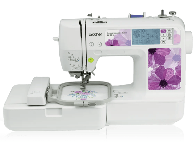 Brother PE525 embroidery machine with LCD touchscreen and floral design hoop