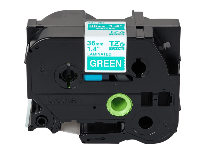 Brother TZe-765 36mm laminated label tape cartridge with white text on green background